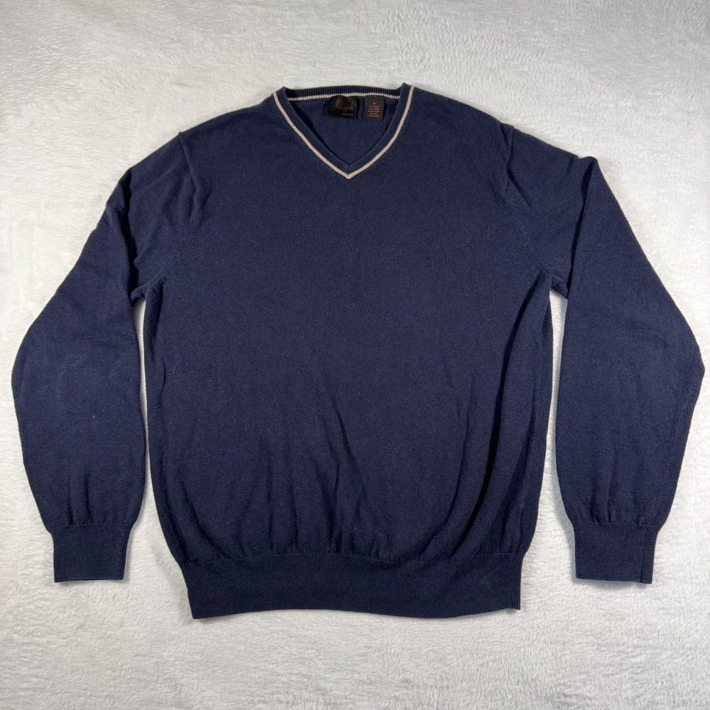 Joseph A Bank V-Neck Sweater Mens M Navy Blue Cashmere‎ Preppy Contrast Trim